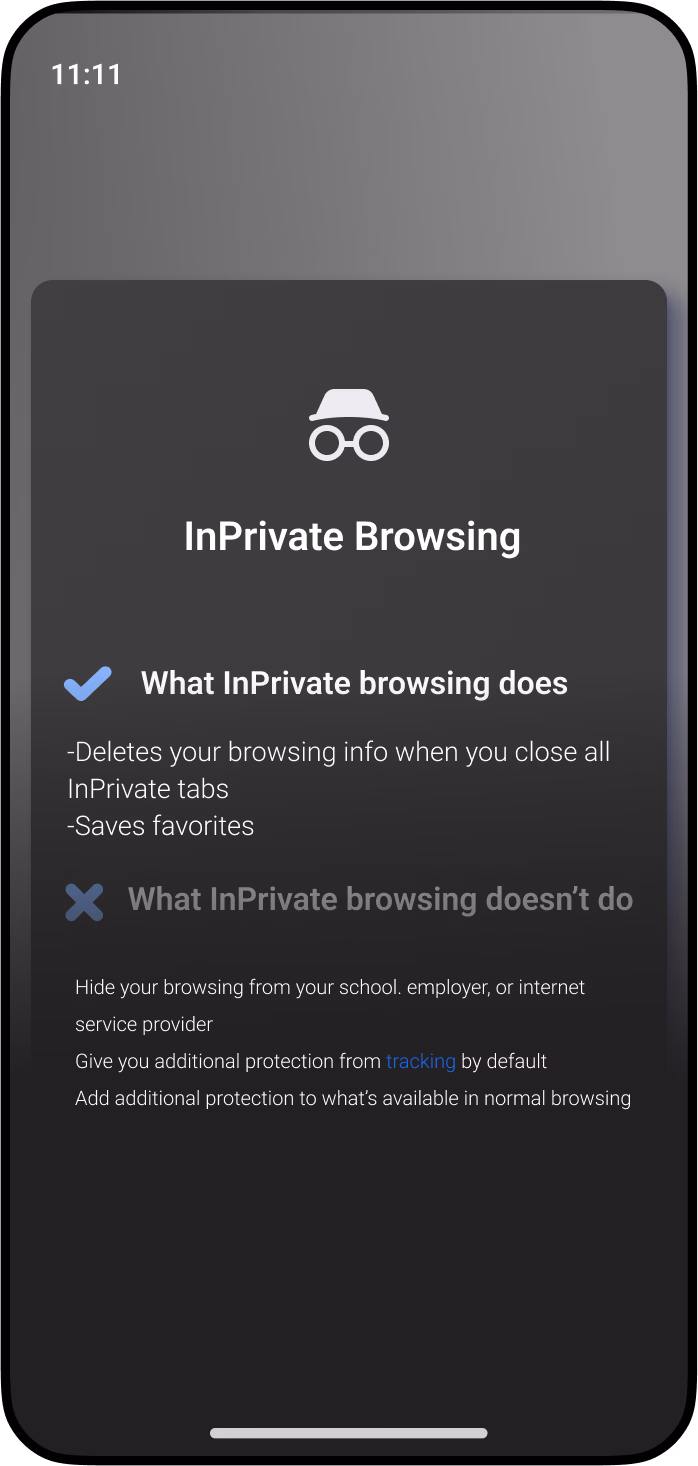 <p>Mockup of a smartphone screen displaying the InPrivate Browsing feature in Microsoft Edge, outlining its privacy and tracking capabilities.</p>